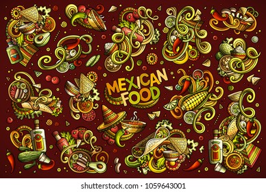 Colorful vector hand drawn doodles cartoon set of Mexican food combinations of objects and elements