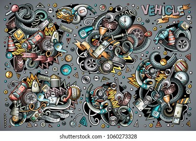 Colorful vector hand drawn doodles cartoon set of Automotive combinations of objects and elements. All items separated.