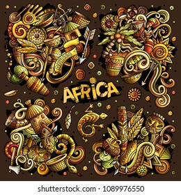 Colorful vector hand drawn doodles cartoon set of Africa combinations of objects and elements. All items are separate