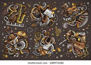 Colorful vector hand drawn doodles cartoon set of classical musical instruments combinations of objects and elements