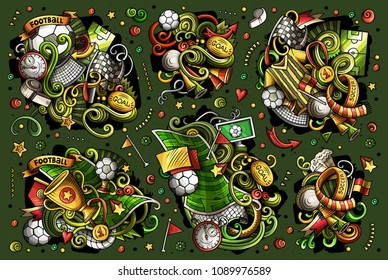 Colorful vector hand drawn doodles cartoon set of football combinations of objects and elements. All items are separate