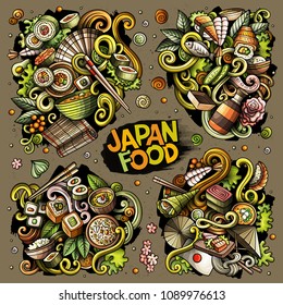 Colorful vector hand drawn doodles cartoon set of Japan food combinations of objects and elements. All items are separate
