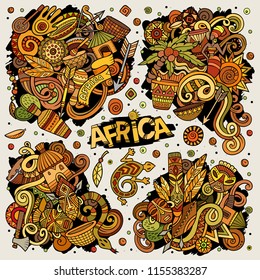 Colorful vector hand drawn doodles cartoon set of Africa combinations of objects and elements. All items are separate