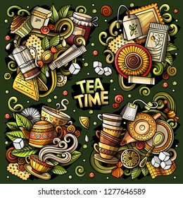 Colorful vector hand drawn doodles cartoon set of Tea combinations of objects and elements. All items are separate