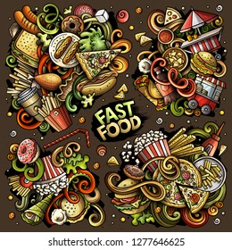 Colorful vector hand drawn doodles cartoon set of Fastfood combinations of objects and elements. All items are separate