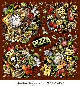 Colorful vector hand drawn doodles cartoon set of Pizza combinations of objects and elements. All items are separate