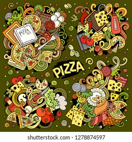 Colorful vector hand drawn doodles cartoon set of Pizza combinations of objects and elements. All items are separate