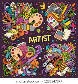 Colorful vector hand drawn doodles cartoon set of Artist combinations of objects and elements. All items are separate