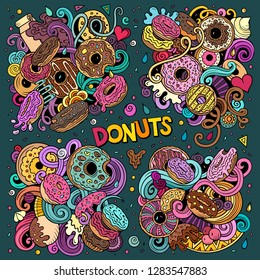Colorful vector hand drawn doodles cartoon set of Donuts combinations of objects and elements. All items are separate