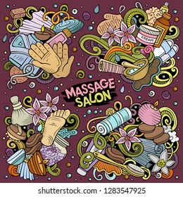 Colorful vector hand drawn doodles cartoon set of Massage combinations of objects and elements. All items are separate