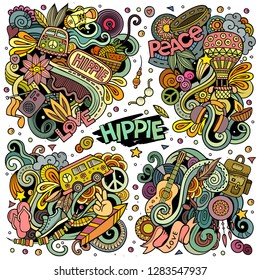 Colorful vector hand drawn doodles cartoon set of Hippie combinations of objects and elements. All items are separate