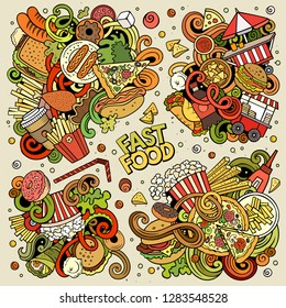 Colorful vector hand drawn doodles cartoon set of Fastfood combinations of objects and elements. All items are separate