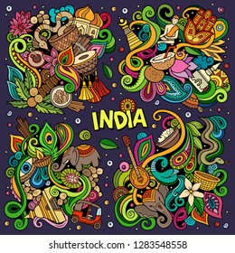 Colorful vector hand drawn doodles cartoon set of India combinations of objects and elements. All items are separate
