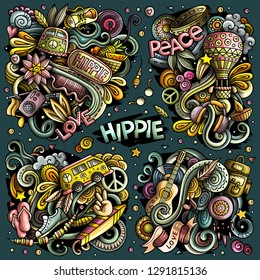 Colorful vector hand drawn doodles cartoon set of Hippie combinations of objects and elements. All items are separate