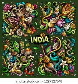 Colorful vector hand drawn doodles cartoon set of India combinations of objects and elements. All items are separate