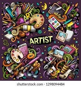 Colorful vector hand drawn doodles cartoon set of Artist combinations of objects and elements. All items are separate