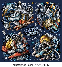 Colorful vector hand drawn doodles cartoon set of Winter sport combinations of objects and elements. All items are separate