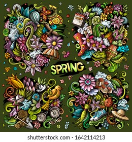 Colorful vector hand drawn doodles cartoon set of Spring combinations of objects and elements. All items are separate