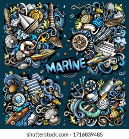 Colorful vector hand drawn doodles cartoon set of Marine combinations of objects and elements. All items are separate