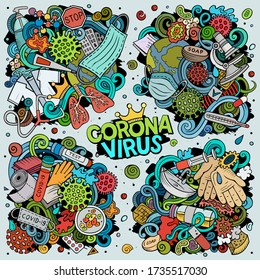 Colorful vector hand drawn doodles cartoon set of Coronavirus combinations of objects and elements. All items are separate