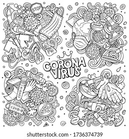 Colorful vector hand drawn doodles cartoon set of Coronavirus combinations of objects and elements. All items are separate