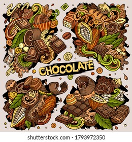 Colorful vector hand drawn doodles cartoon set of Chocolate combinations of objects and elements. All items are separate