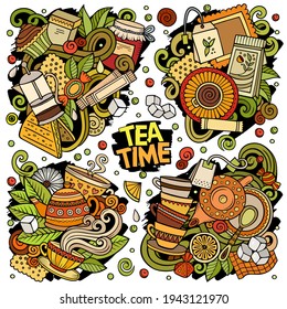 Colorful vector hand drawn doodles cartoon set of Tea combinations of objects and elements. All items are separate