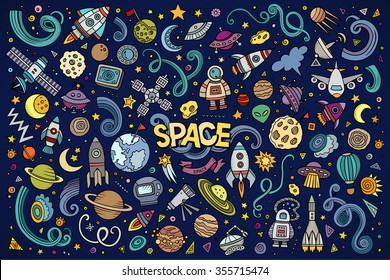 Красочные векторные рисованные каракули мультфильм набор космических объектов и символов
