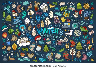 Colorful vector hand drawn doodles cartoon set of Winter objects and symbols