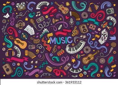 Colorful vector hand drawn doodles cartoon set of Music objects and symbols 