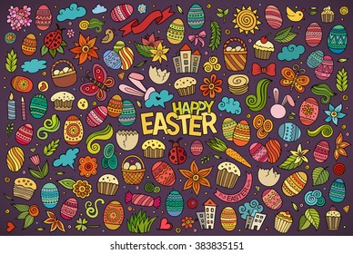 Colorful vector hand drawn doodles cartoon set of Easter objects and symbols