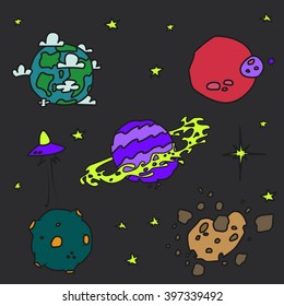 Colorful vector hand drawn doodles cartoon set of Space objects.