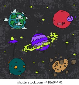 Colorful vector hand drawn doodles cartoon set of Space objects.