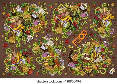 Colorful vector hand drawn doodles cartoon set of food objects and symbols