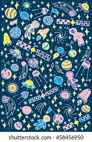 Colorful vector hand drawn doodles cartoon set of Space objects and symbols. Vector Illustration
