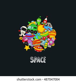 Colorful vector hand drawn doodles cartoon set of Space objects and symbols. vector illustration