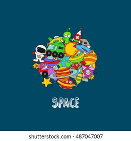 Colorful vector hand drawn doodles cartoon set of Space objects and symbols. vector illustration