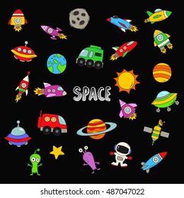 Colorful vector hand drawn doodles cartoon set of Space objects and symbols. vector illustration