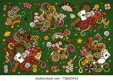 Colorful vector hand drawn doodles cartoon set of Casino objects and symbols