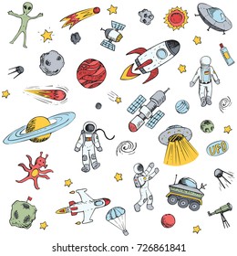 Colorful vector hand drawn doodles cartoon set space objects. Space ships, rockets, planets, flying saucers, astronauts, stars, comets, satellites, ufo etc.