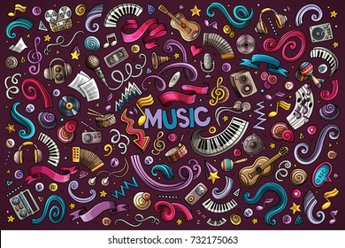 Colorful vector hand drawn doodles cartoon set of Music objects and symbols