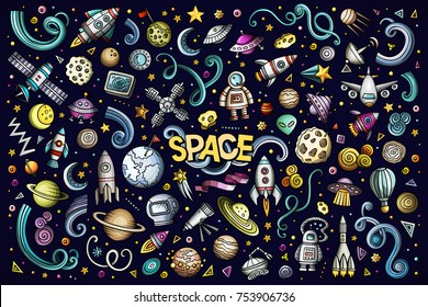 Colorful vector hand drawn doodles cartoon set of Space objects and symbols