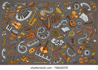 Colorful vector hand drawn doodles cartoon set of classical musical instruments objects and elements