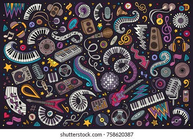 Colorful vector hand drawn doodles cartoon set of disco music objects and elements