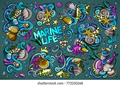 Colorful vector hand drawn doodles cartoon set of sealife combinations of objects and elements