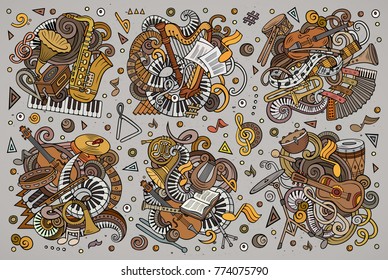 Colorful vector hand drawn doodles cartoon set of classical musical instruments combinations of objects and elements