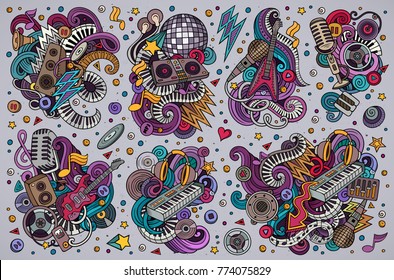 Colorful vector hand drawn doodles cartoon set of disco music combinations of objects and elements