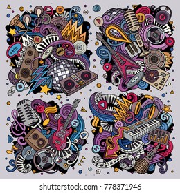 Colorful vector hand drawn doodles cartoon set of disco music combinations of objects and elements