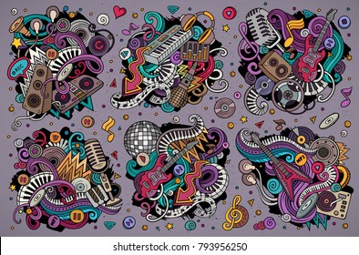 Colorful vector hand drawn doodles cartoon set of disco music combinations of objects and elements