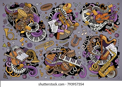 Colorful vector hand drawn doodles cartoon set of classical musical instruments combinations of objects and elements